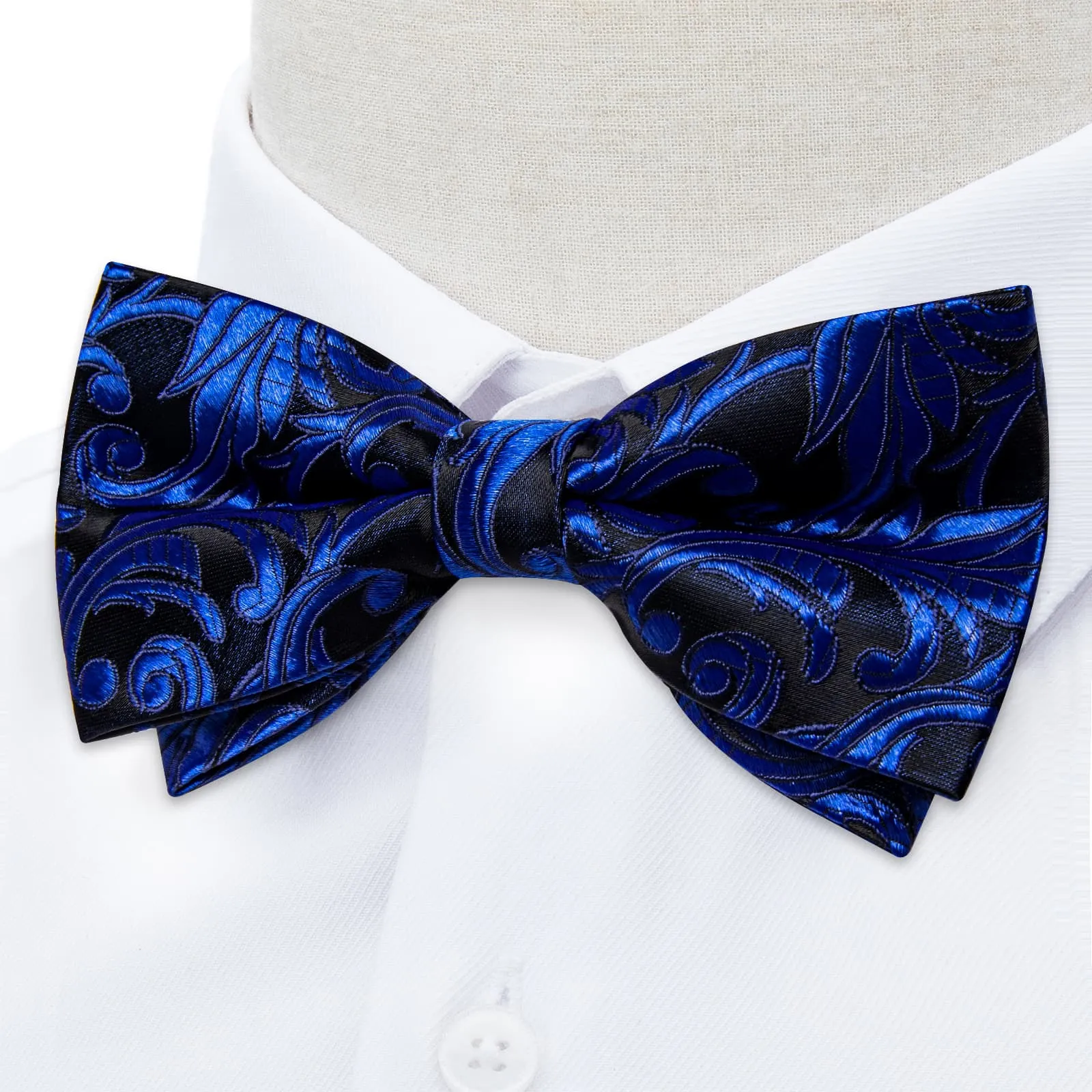 DiBanGu Blue Bow Tie Navy Floral Silk Mens Pre-Tied Bowtie Pocket Square Cufflinks Set