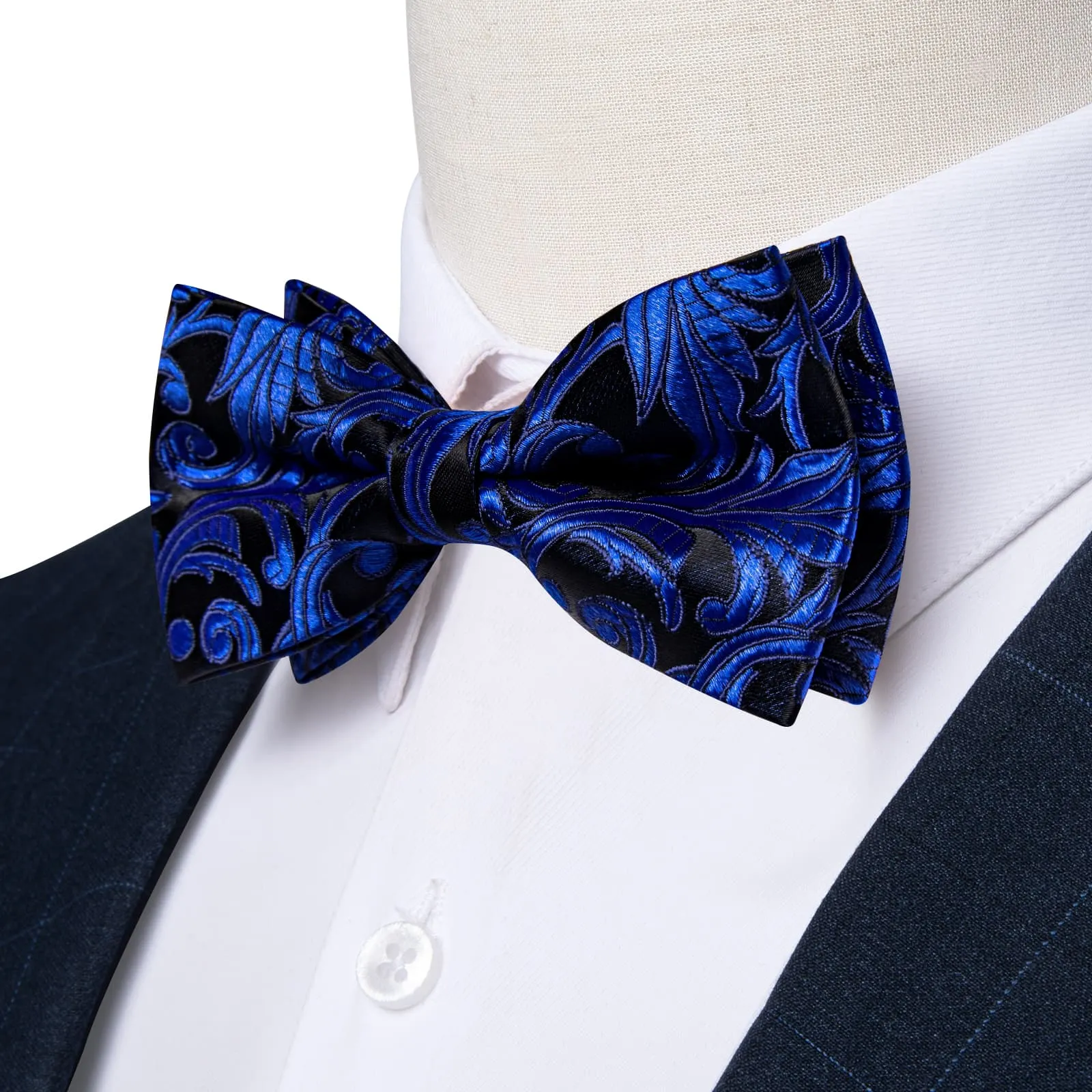DiBanGu Blue Bow Tie Navy Floral Silk Mens Pre-Tied Bowtie Pocket Square Cufflinks Set