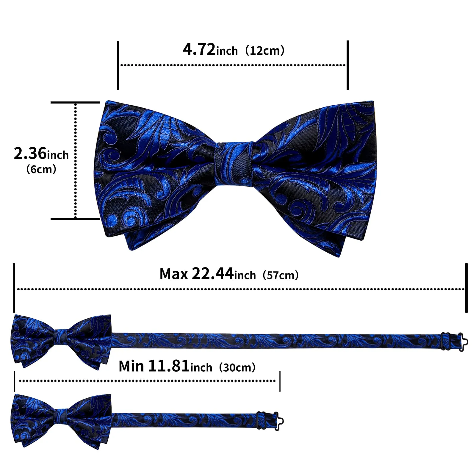 DiBanGu Blue Bow Tie Navy Floral Silk Mens Pre-Tied Bowtie Pocket Square Cufflinks Set