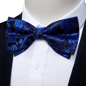 DiBanGu Blue Bow Tie Navy Floral Silk Mens Pre-Tied Bowtie Pocket Square Cufflinks Set