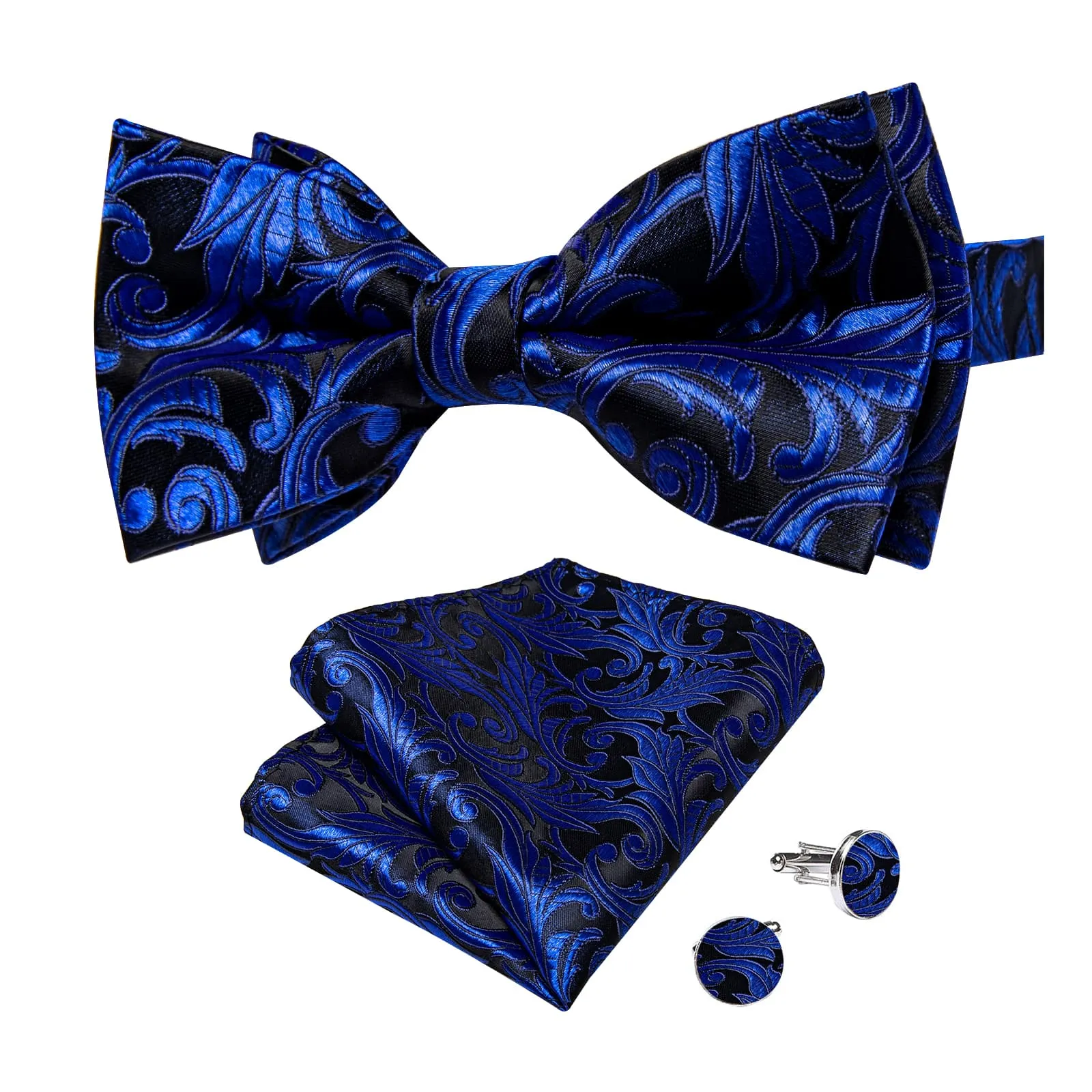 DiBanGu Blue Bow Tie Navy Floral Silk Mens Pre-Tied Bowtie Pocket Square Cufflinks Set