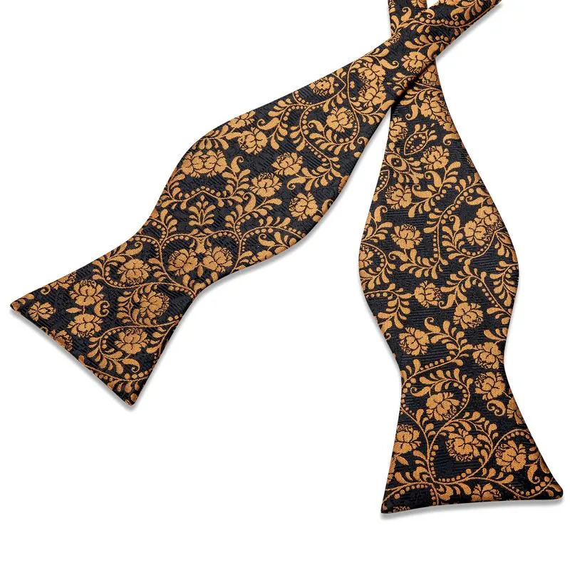 DiBanGu Self-Bow Tie Black Yellow Floral Men's Silk Bowtie Pocket Square Cufflinks Set