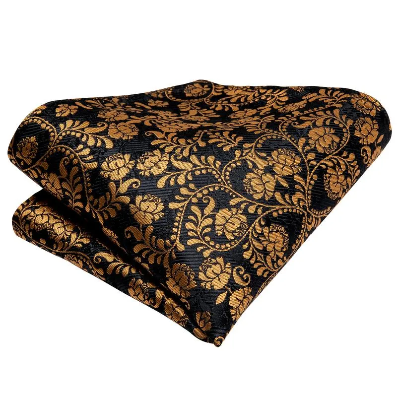 DiBanGu Self-Bow Tie Black Yellow Floral Men's Silk Bowtie Pocket Square Cufflinks Set