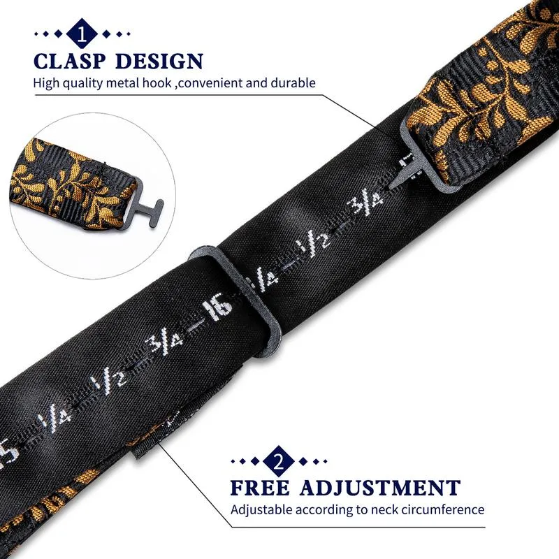 DiBanGu Self-Bow Tie Black Yellow Floral Men's Silk Bowtie Pocket Square Cufflinks Set