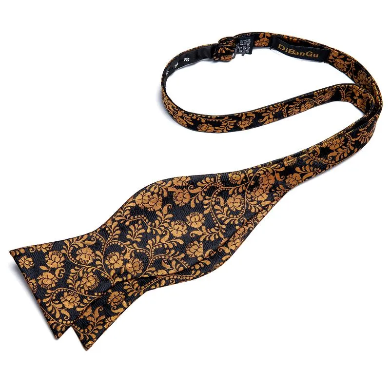 DiBanGu Self-Bow Tie Black Yellow Floral Men's Silk Bowtie Pocket Square Cufflinks Set