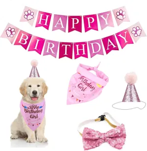 Dog Birthday Set with Bandanas, Hat, Collar and Banner - Party Decorations for Small to Large Dogs (Pink)