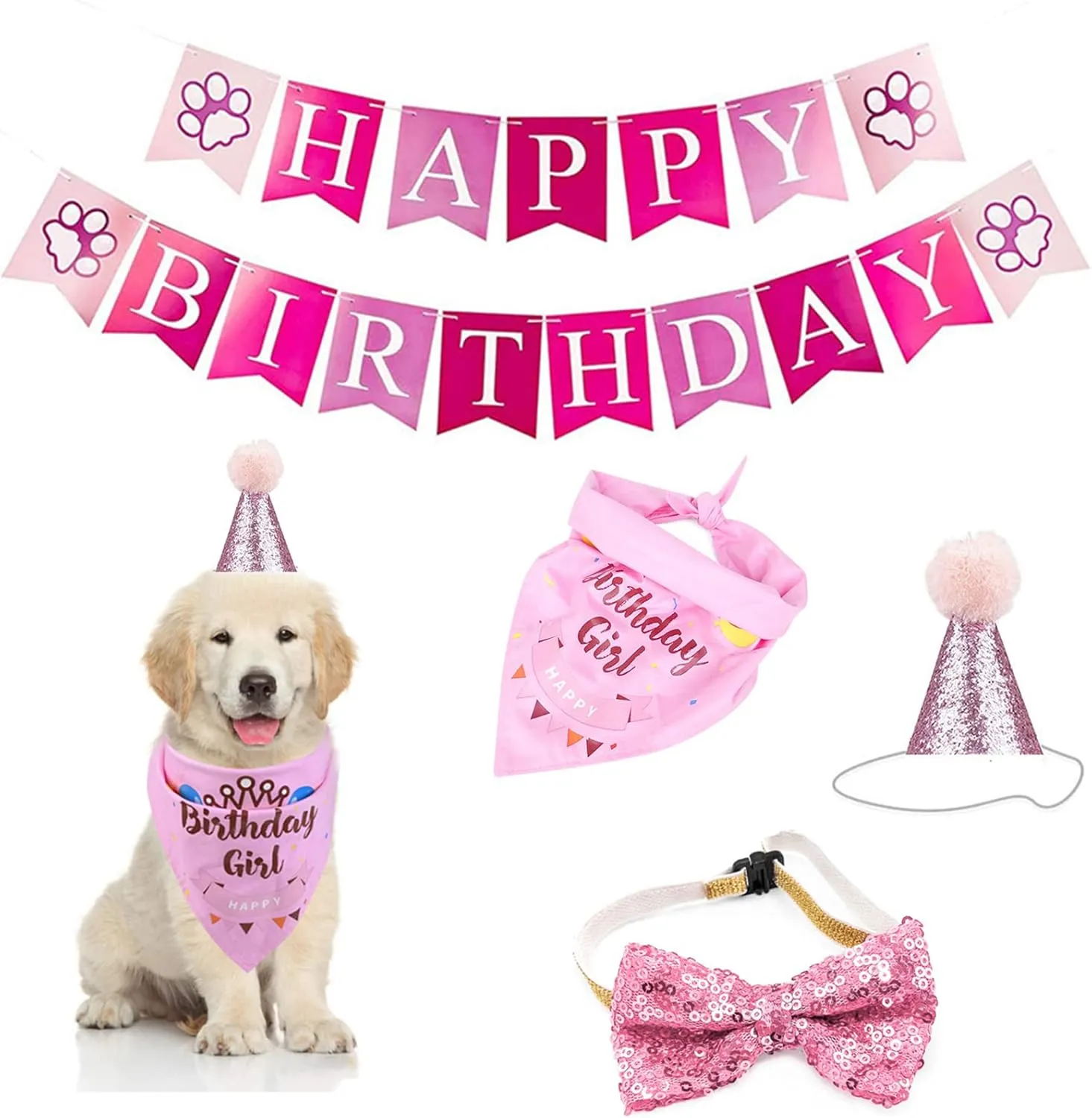 Dog Birthday Set with Bandanas, Hat, Collar and Banner - Party Decorations for Small to Large Dogs (Pink)