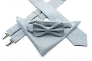 Dusty Blue Men's Tie Set with Bow Tie, Pocket Square, and Suspenders