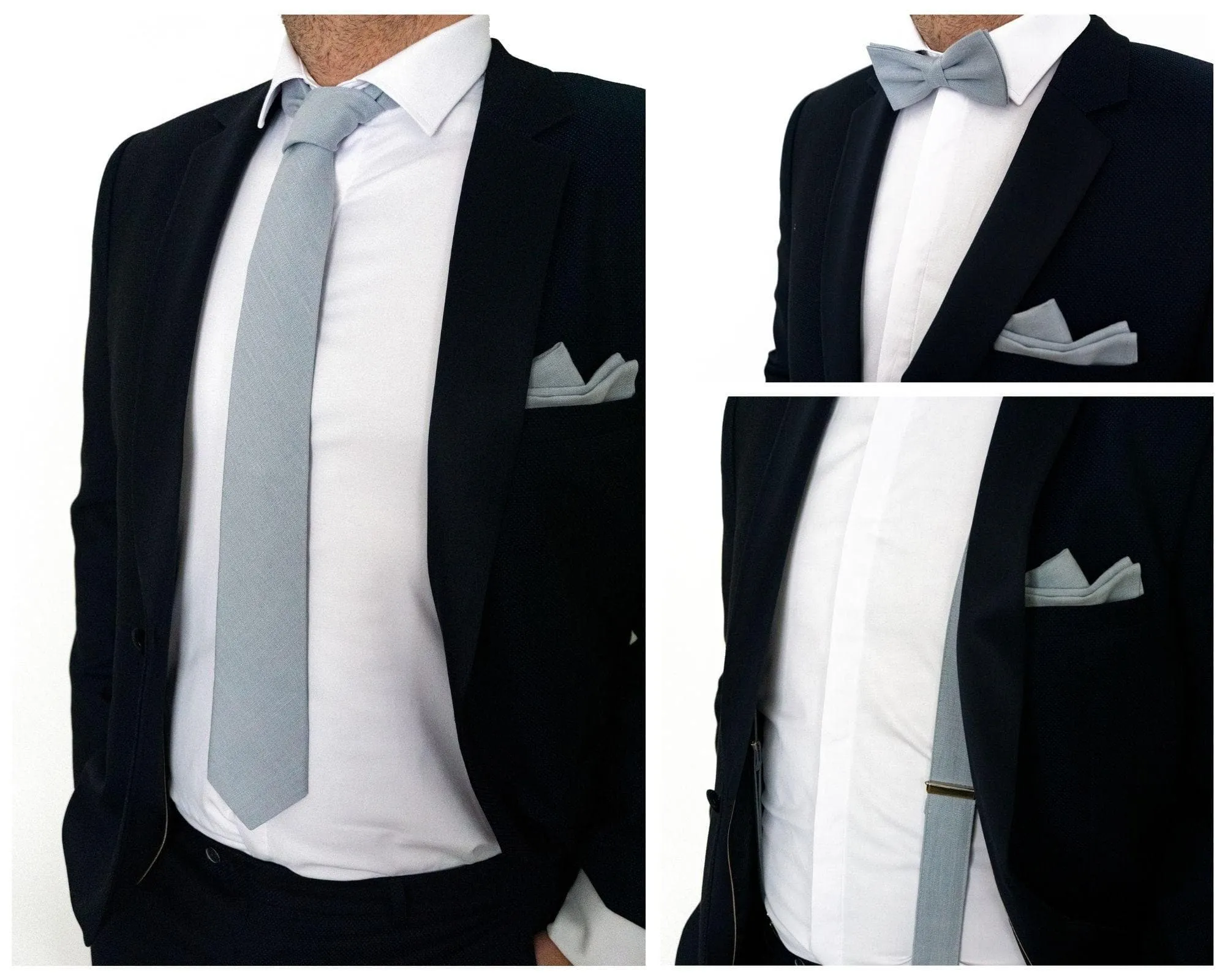 Dusty Blue Men's Tie Set with Bow Tie, Pocket Square, and Suspenders