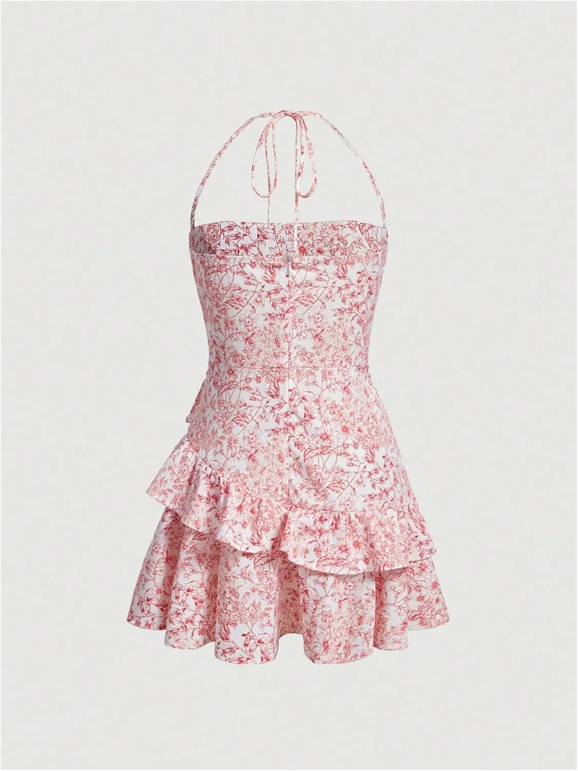 Floerns Women's Floral Print Sleeveless Halter Tie Back Layered Hem Cami Mini Dress