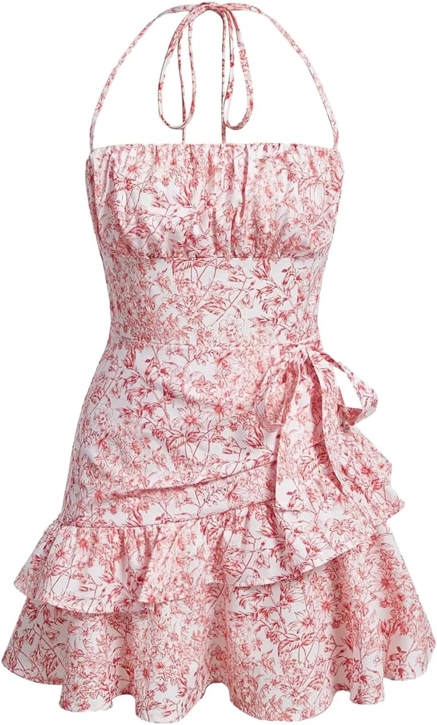 Floerns Women's Floral Print Sleeveless Halter Tie Back Layered Hem Cami Mini Dress