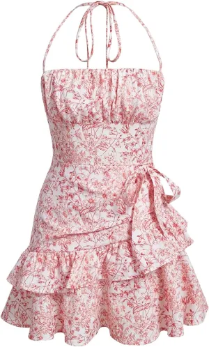 Floerns Women's Floral Print Sleeveless Halter Tie Back Layered Hem Cami Mini Dress