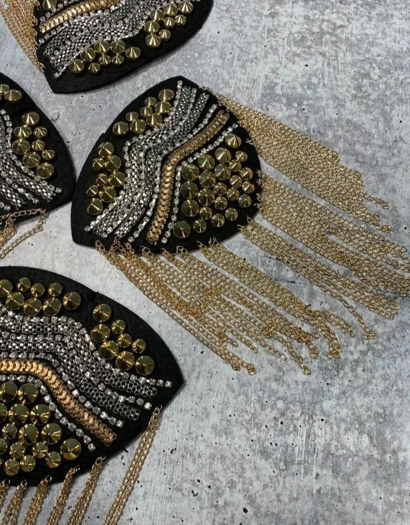 Golden Decorative Shoulder Brooch Set, w/Bling, & Decorative Studded Rivets, Epaulette for Blazers, Jackets, and More, Stylish Accessories