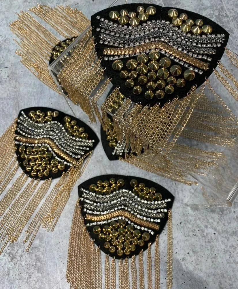 Golden Decorative Shoulder Brooch Set, w/Bling, & Decorative Studded Rivets, Epaulette for Blazers, Jackets, and More, Stylish Accessories