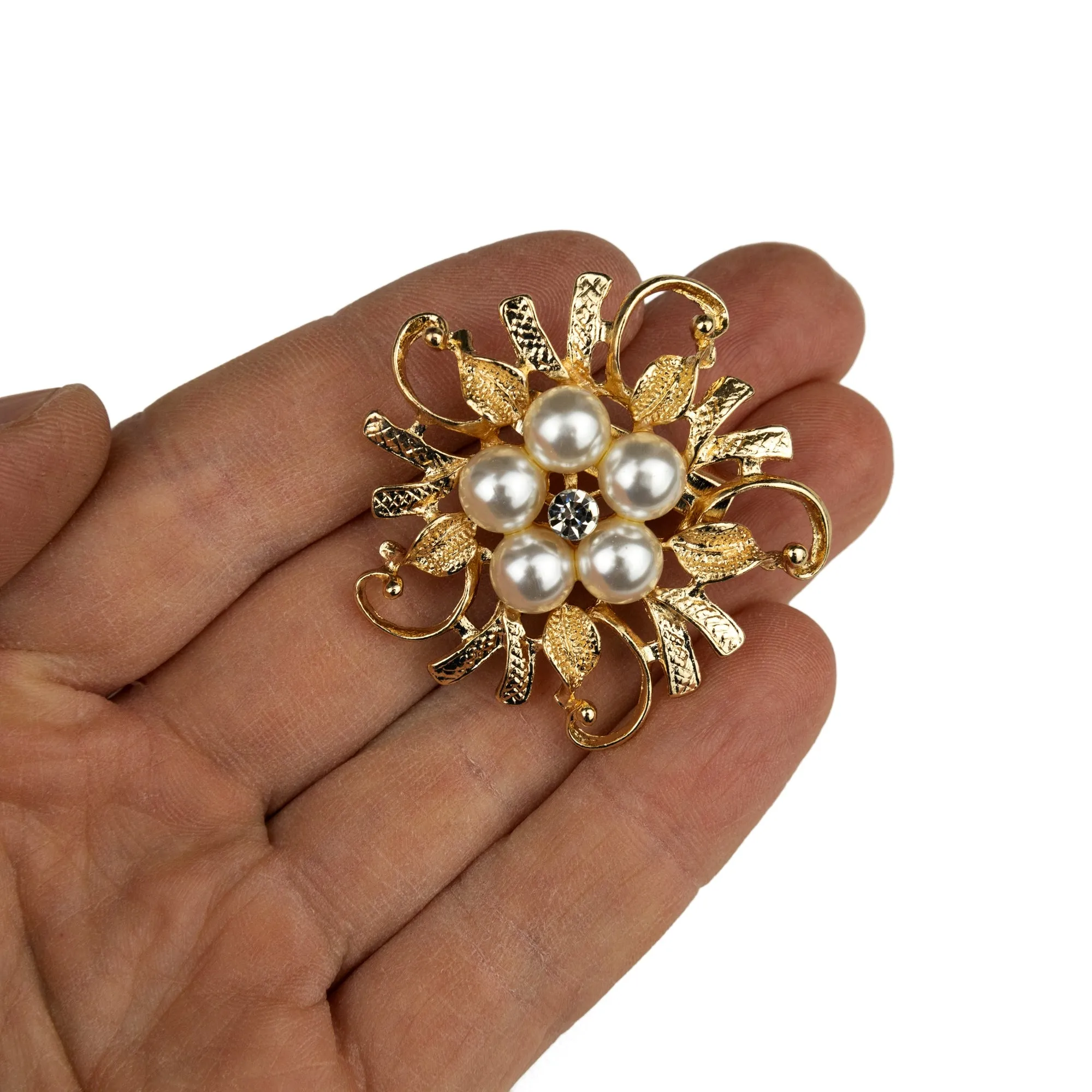 Golden flower with pearls - brooch with cubic zirconia