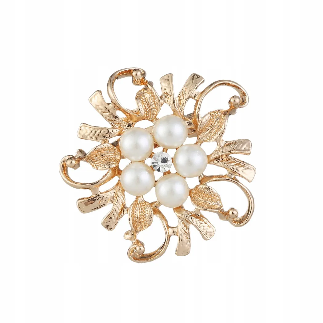 Golden flower with pearls - brooch with cubic zirconia