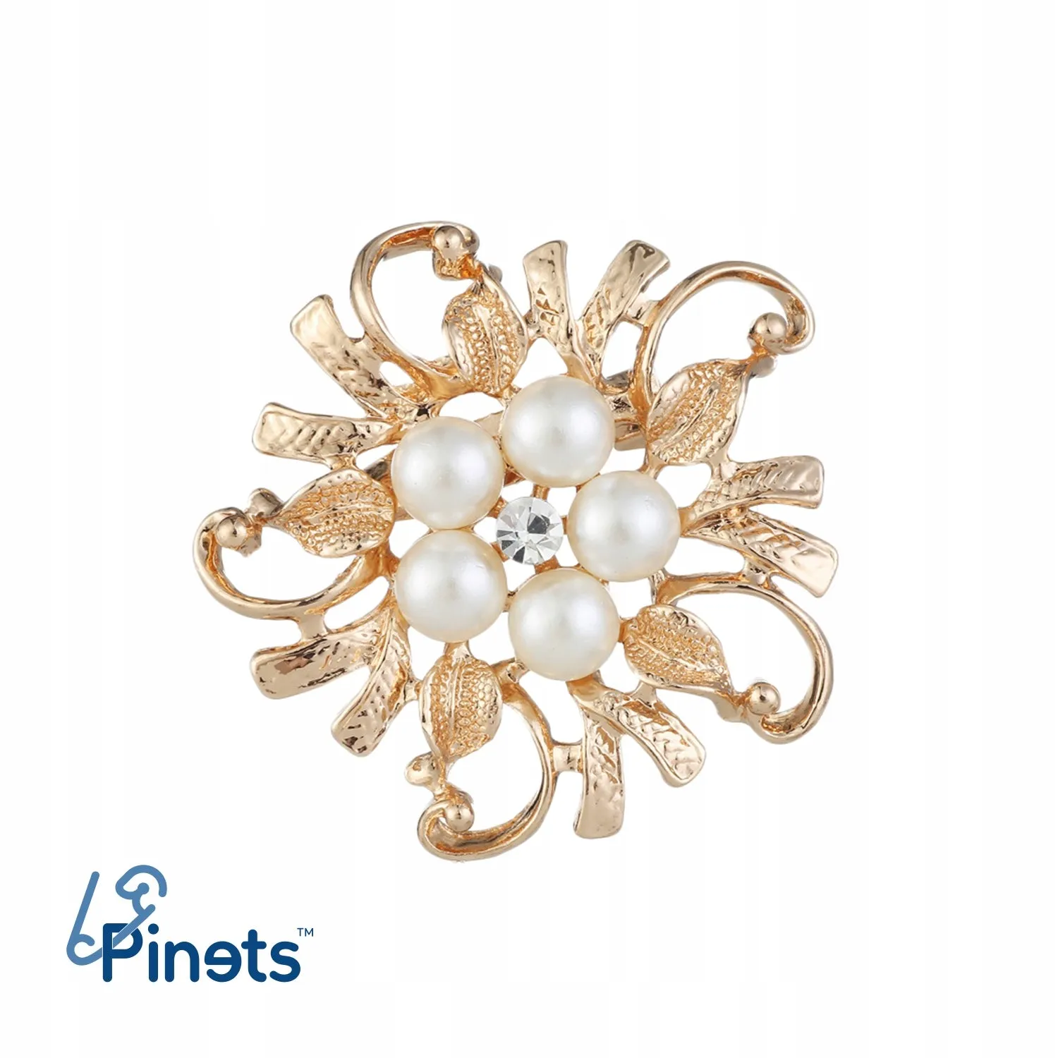 Golden flower with pearls - brooch with cubic zirconia