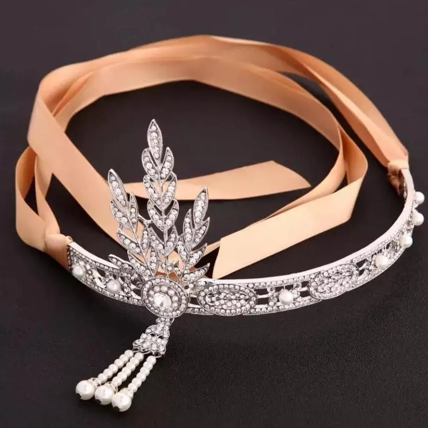 Great Gatsby 1920's Flapper Rhinestone & Pearl Headdress Fancy Dress - Silver (Style 1)