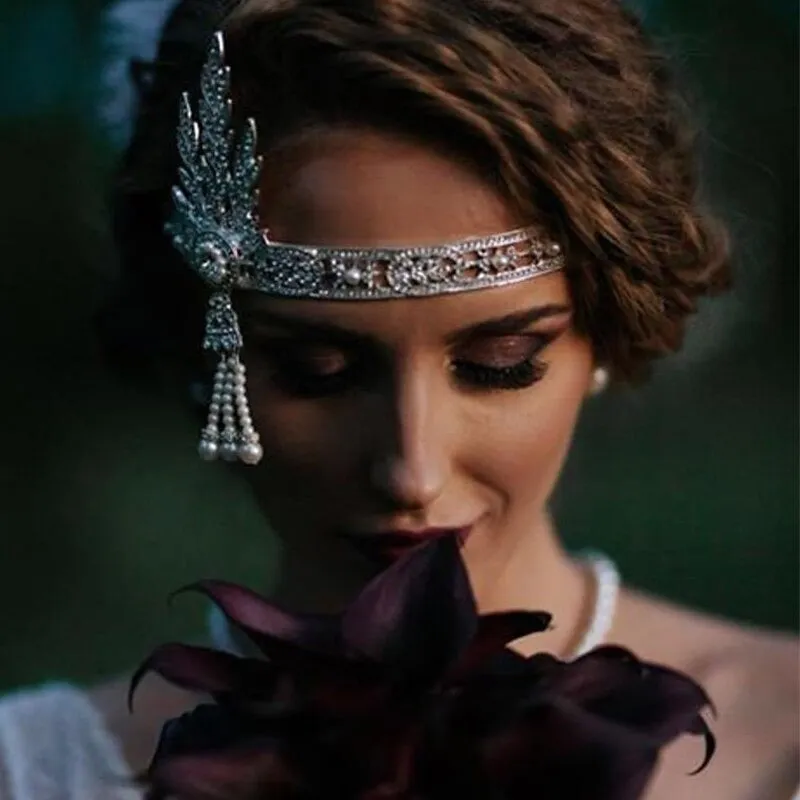 Great Gatsby 1920's Flapper Rhinestone & Pearl Headdress Fancy Dress - Silver (Style 1)