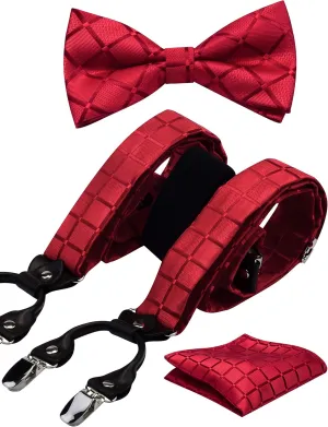 GUSLESON Adjustable Plaid Floral 6 Clips Y Shape Suspenders Pre-tied Bow Tie and Pocket Square Set with Gift Box