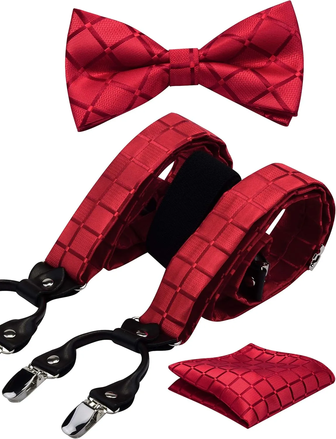 GUSLESON Adjustable Plaid Floral 6 Clips Y Shape Suspenders Pre-tied Bow Tie and Pocket Square Set with Gift Box
