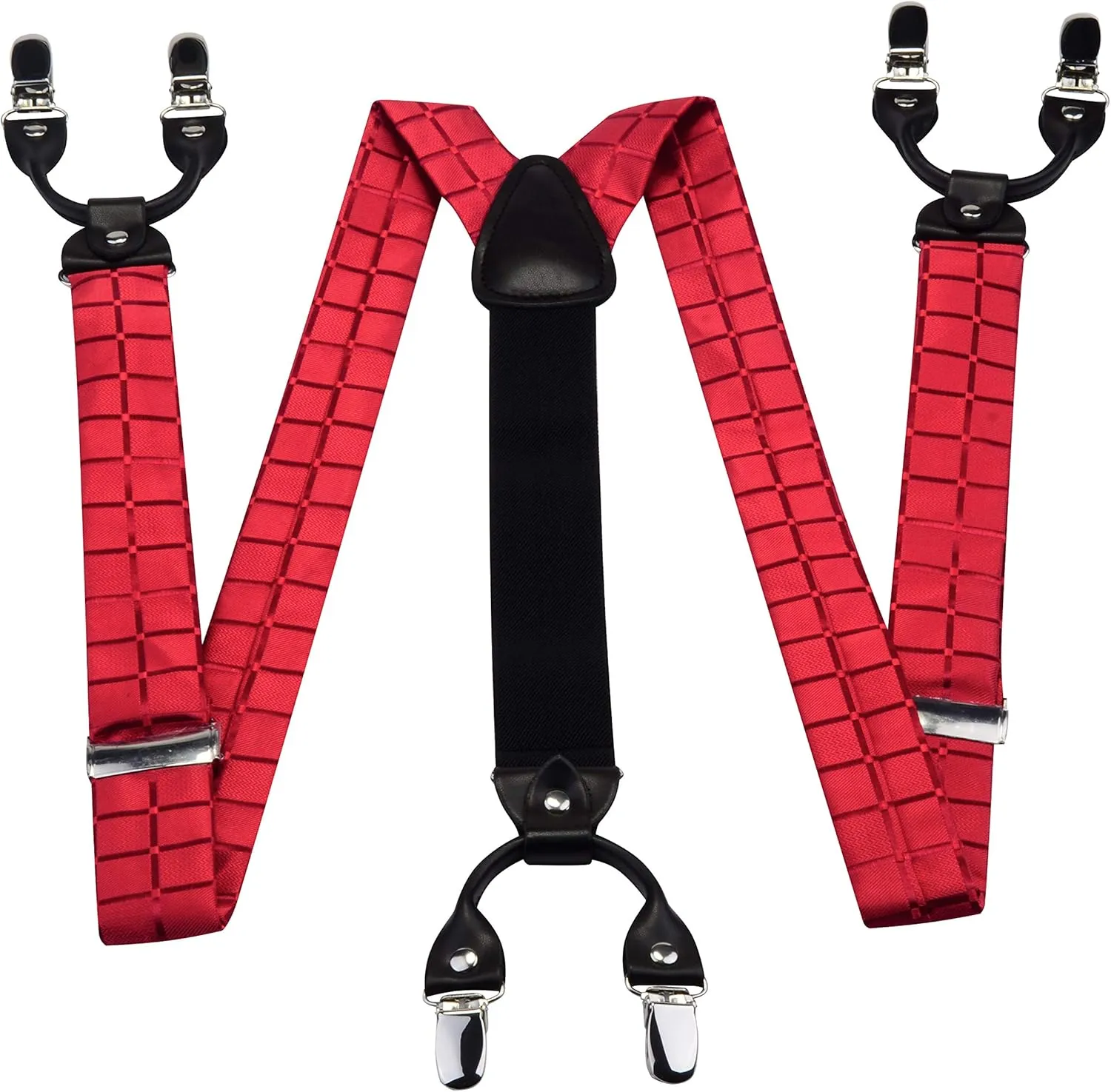 GUSLESON Adjustable Plaid Floral 6 Clips Y Shape Suspenders Pre-tied Bow Tie and Pocket Square Set with Gift Box