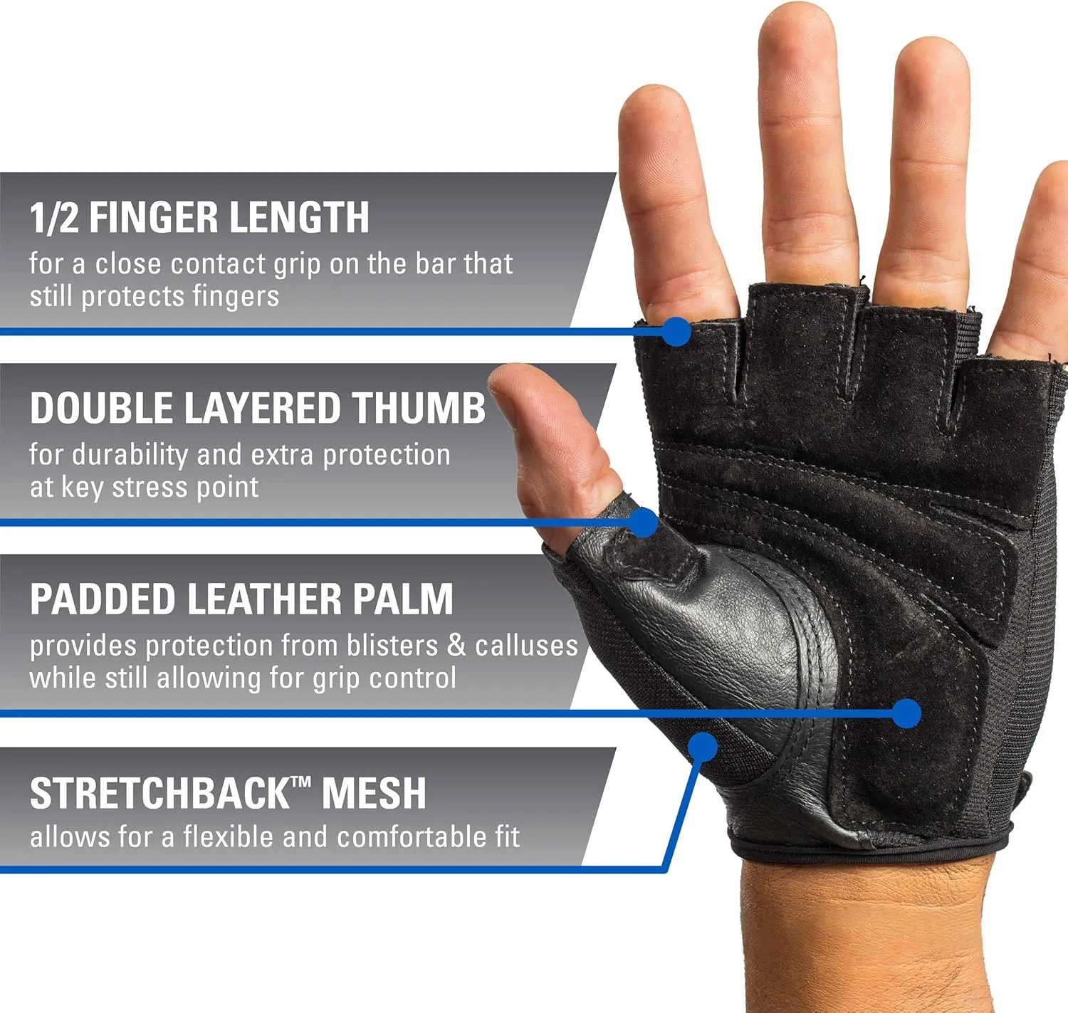 Harbinger Power Non-Wristwrap Workout Weightlifting Gloves with StretchBack Mesh and Leather Palm