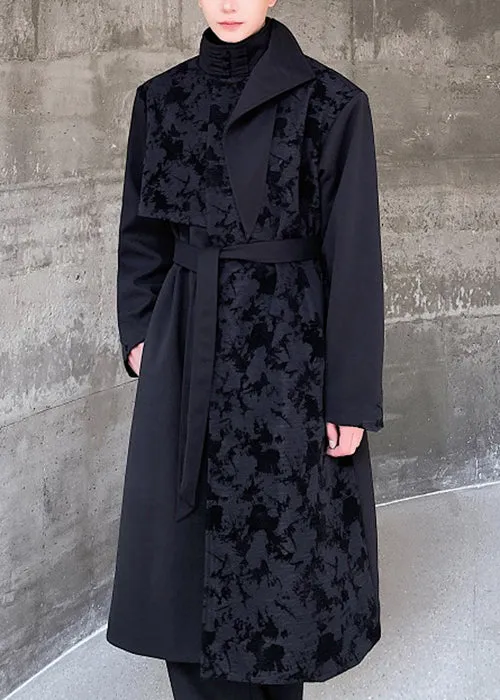 Jacquard Black Asymmetrical Tie Waist Men Trench Coat Winter RO024