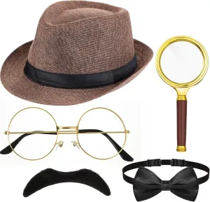 Kasyat 6 Pcs Detective Costume Accessories Adult Detective Hat Man Inspector Costume Set for Halloween Cosplay Party