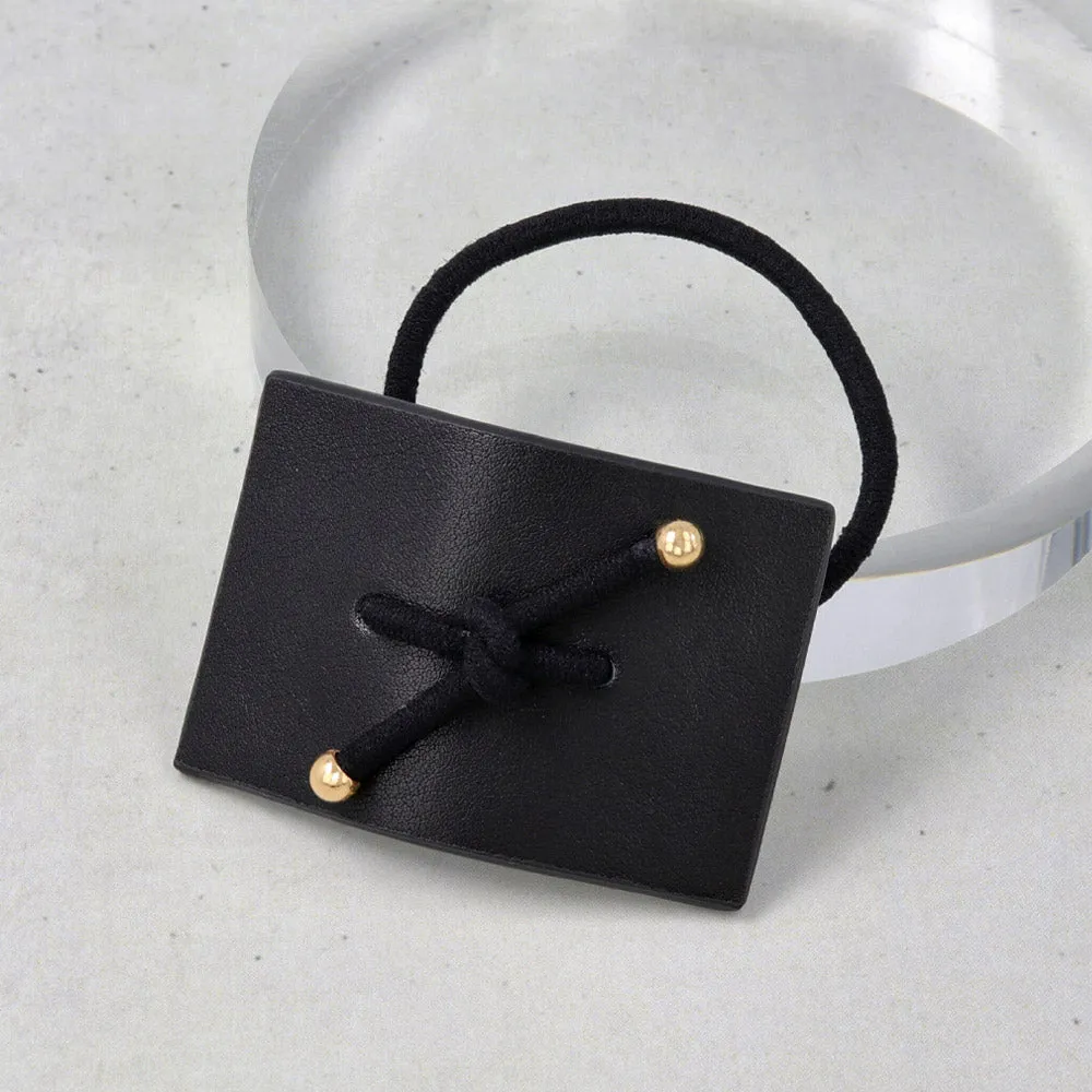 Knot Center Rectangular Black Leather Ponytail Holder