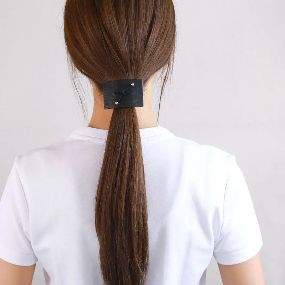 Knot Center Rectangular Black Leather Ponytail Holder