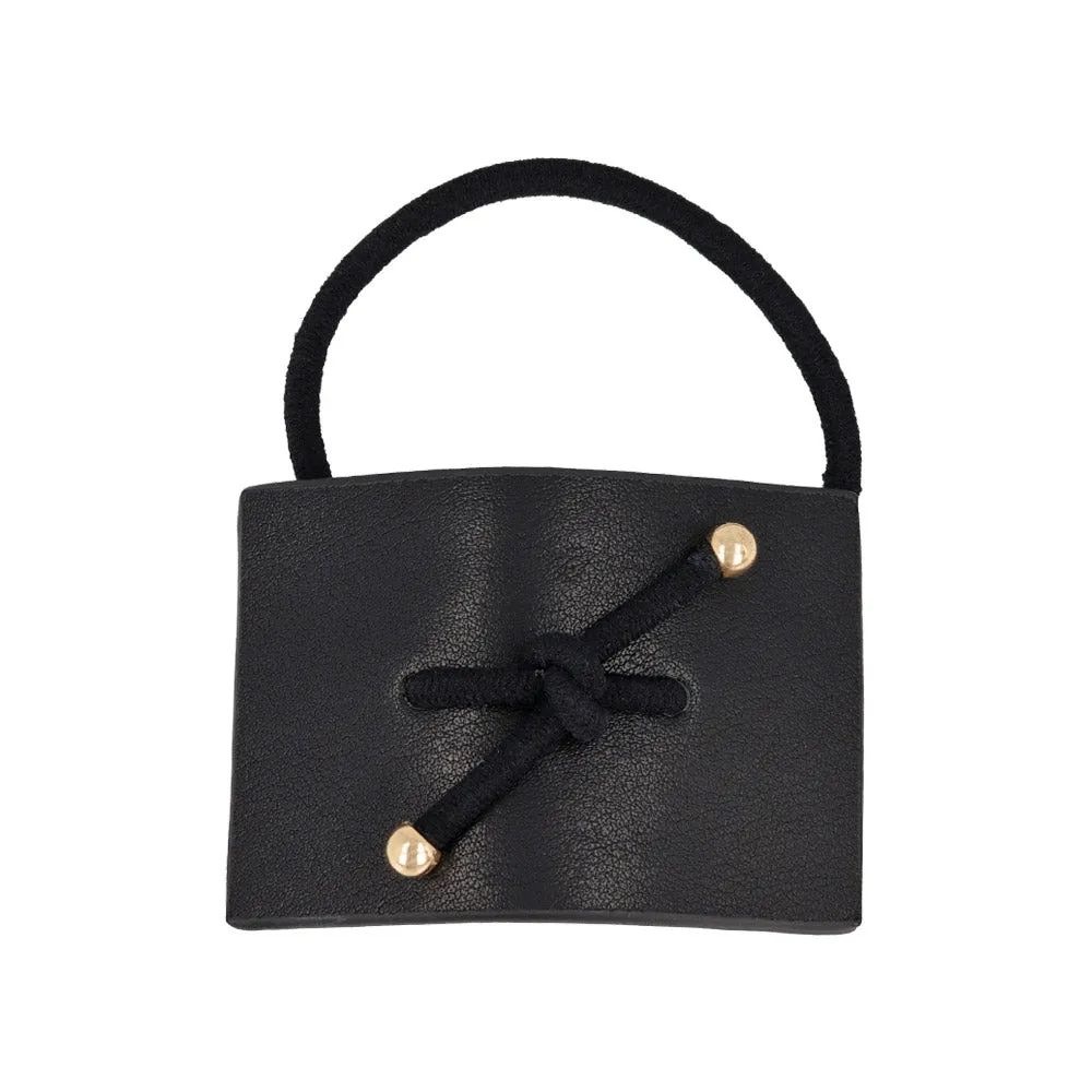 Knot Center Rectangular Black Leather Ponytail Holder