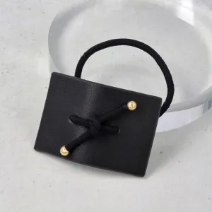 Knot Center Rectangular Black Leather Ponytail Holder