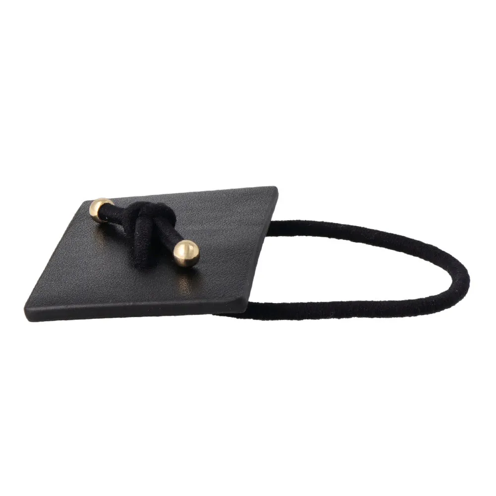 Knot Center Rectangular Black Leather Ponytail Holder