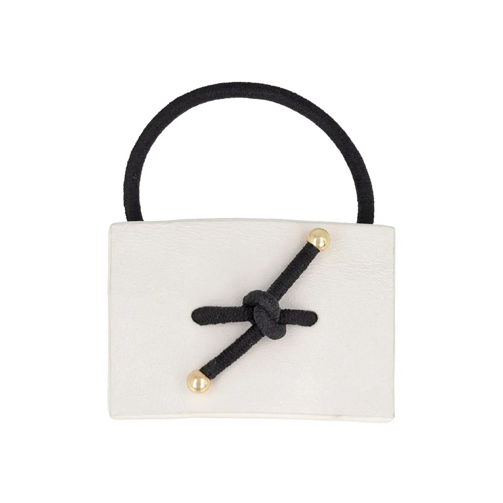 Knot Center Rectangular White Leather Ponytail Holder