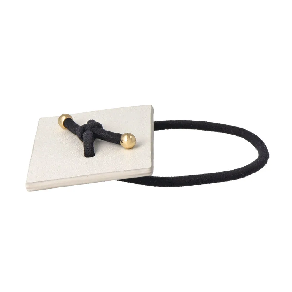 Knot Center Rectangular White Leather Ponytail Holder