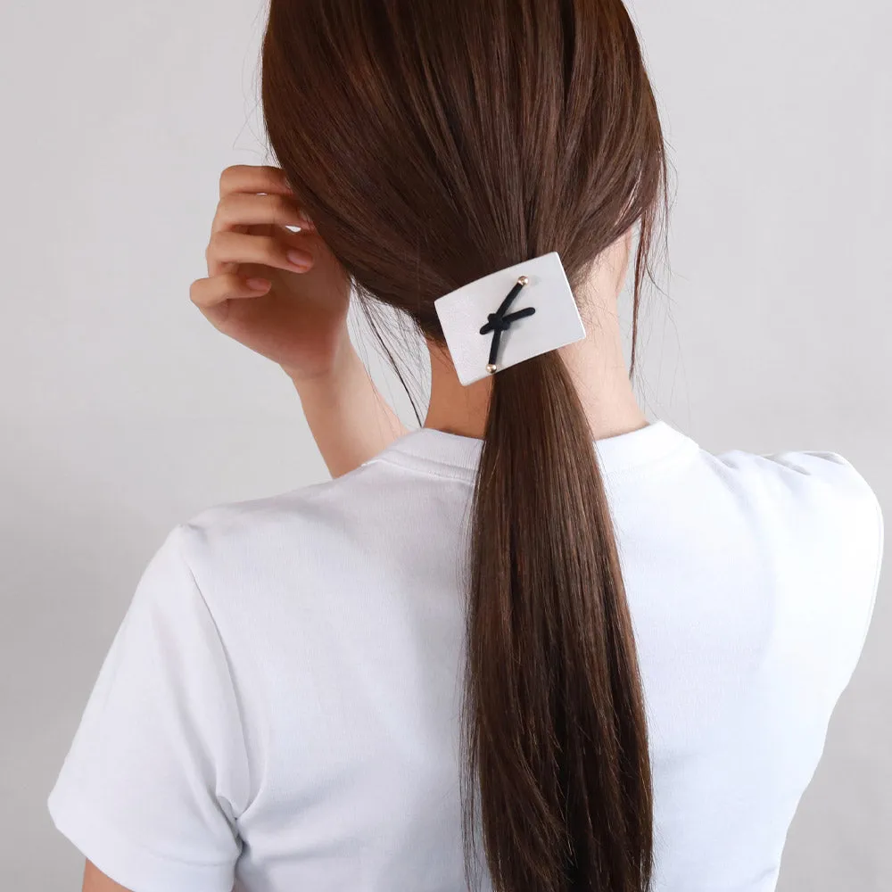 Knot Center Rectangular White Leather Ponytail Holder