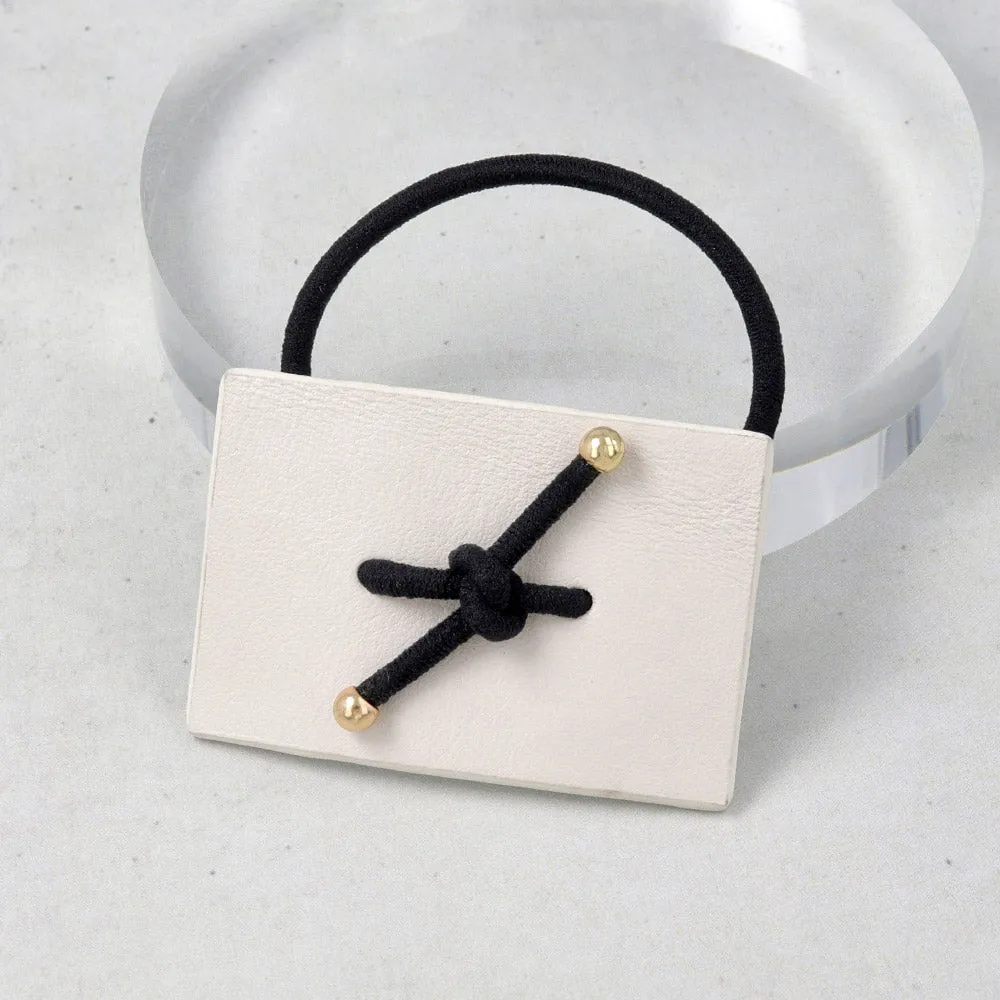 Knot Center Rectangular White Leather Ponytail Holder