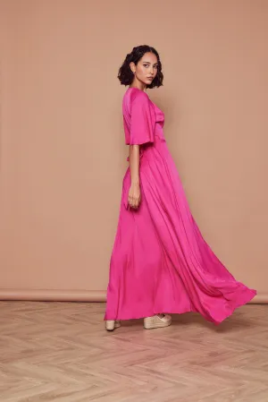 Margot Satin Wrap Dress - Hot Pink
