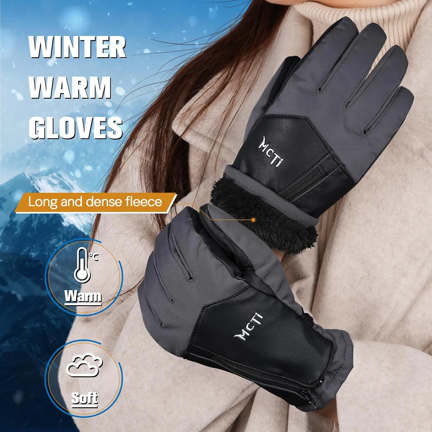 MCTi Winter Gloves for Women Waterproof Warm for Cold Weather Touchscreen Zipper Gloves