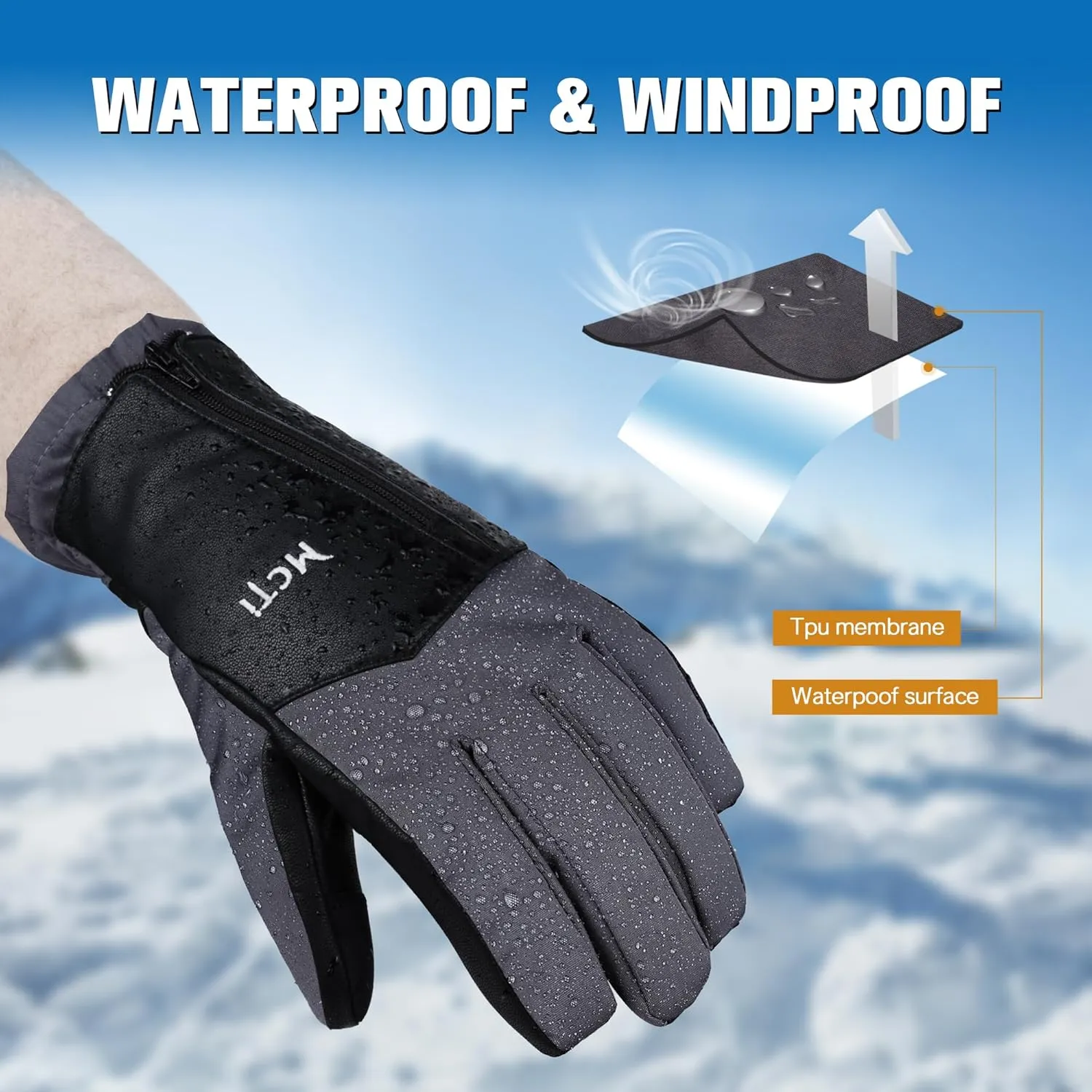 MCTi Winter Gloves for Women Waterproof Warm for Cold Weather Touchscreen Zipper Gloves
