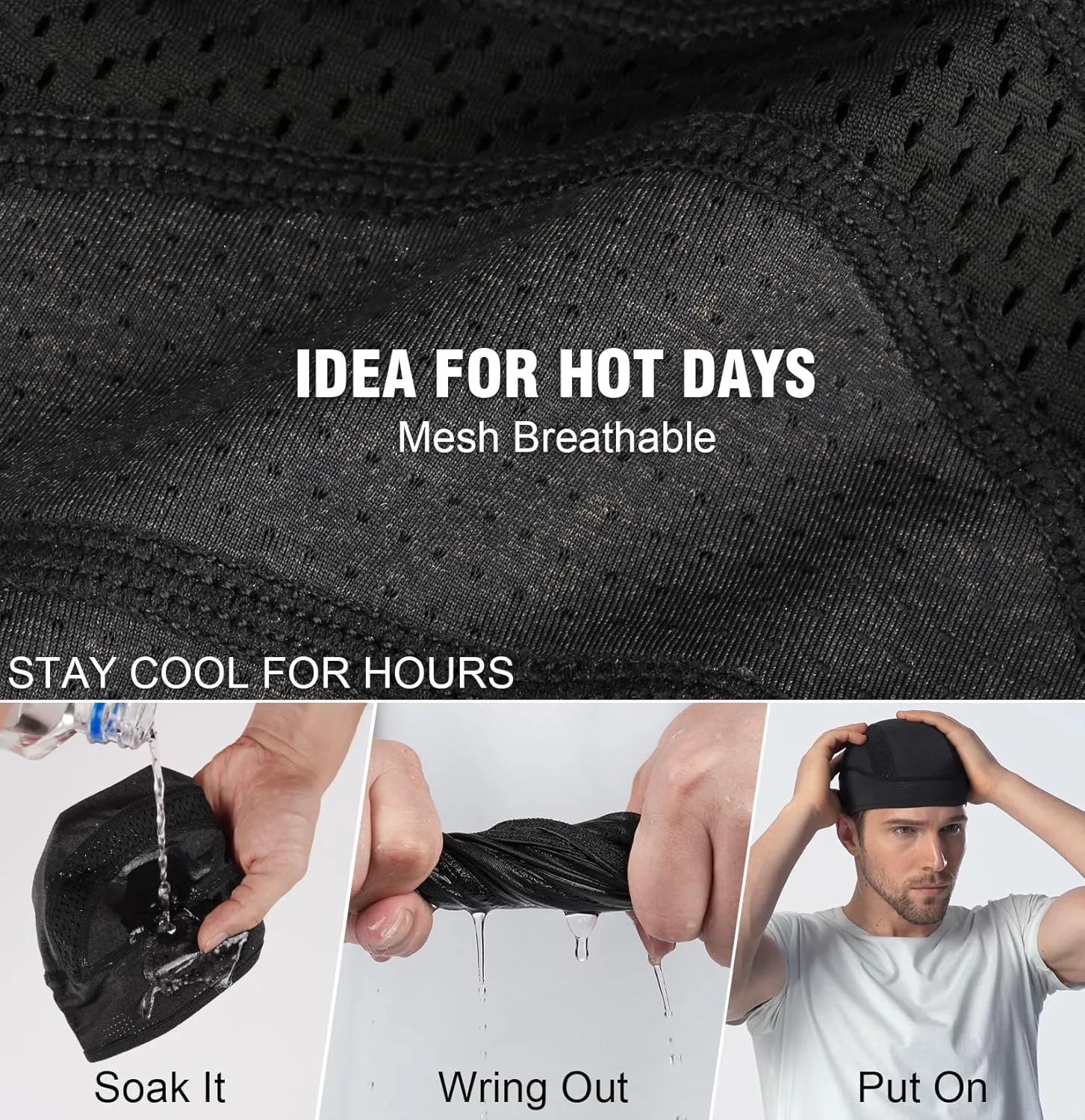 MELASA 3 Pack Cooling Skull Cap, Sweat Motorcycle Helmet Liner Head Cover, Mesh Cycling Running Hat for Men Women