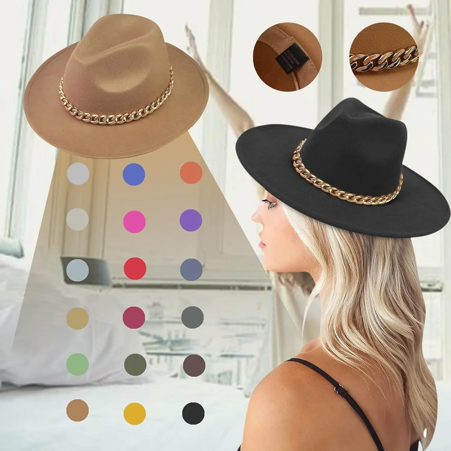 Men Womens Fedora Hat Western Floppy Panama Hat Wide Brim Hat with Chain Belt Buckle Big Wide Brim Fedora Hat