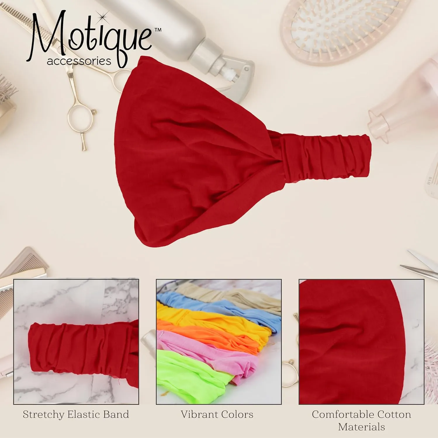 Motique Accessories Red Wide Cotton Head Band Solid Boho Yoga Style Soft Hairband