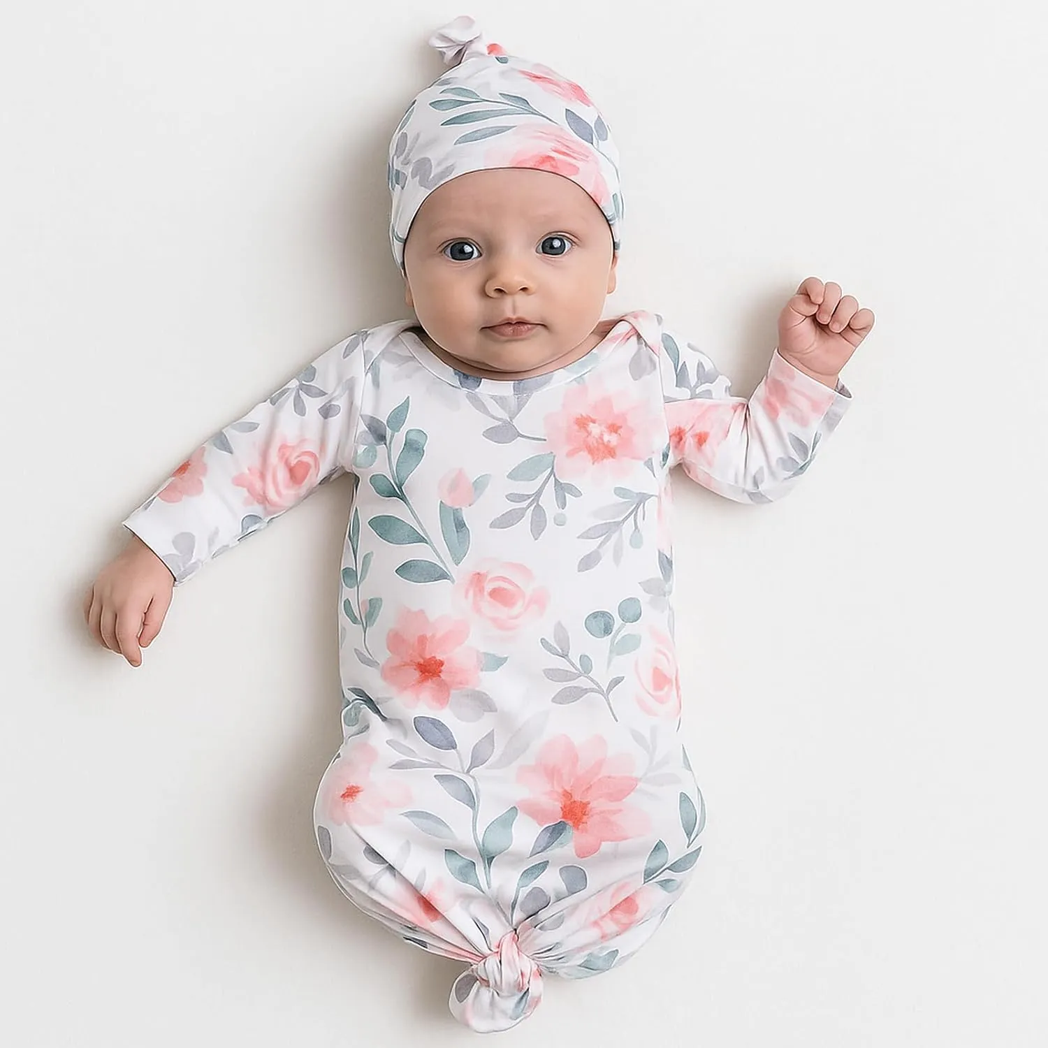 MVUOCR Newborn Baby Girl's Knotted Gowns Floral Baby Sleeper Infant Nightgowns Gift and Soft Coming Home Outfit with Hat
