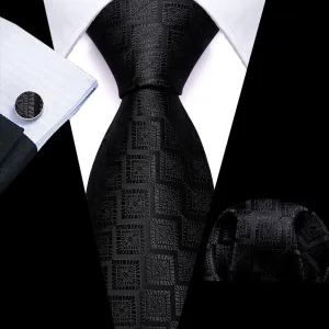 Onyx Black Geometric Jacquard Tie, Pocket Square, and Cufflinks Set