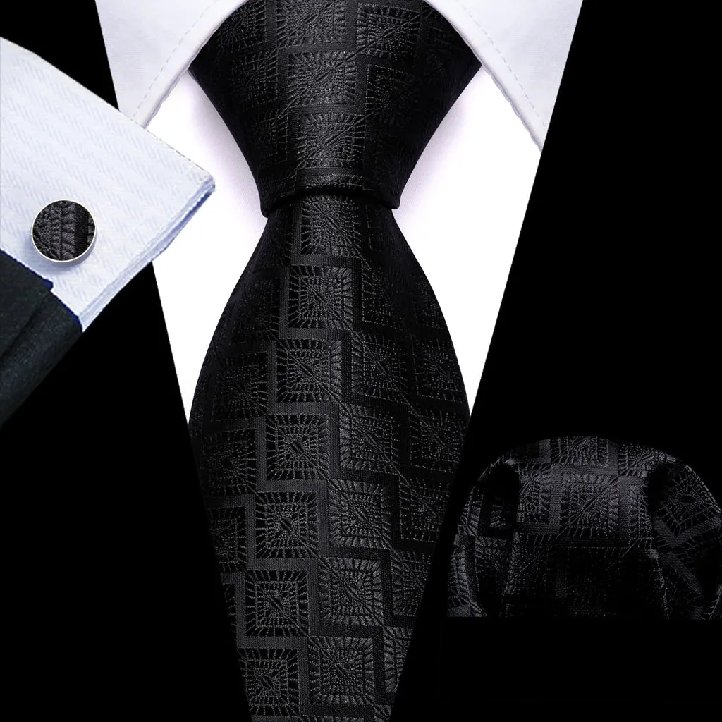 Onyx Black Geometric Jacquard Tie, Pocket Square, and Cufflinks Set