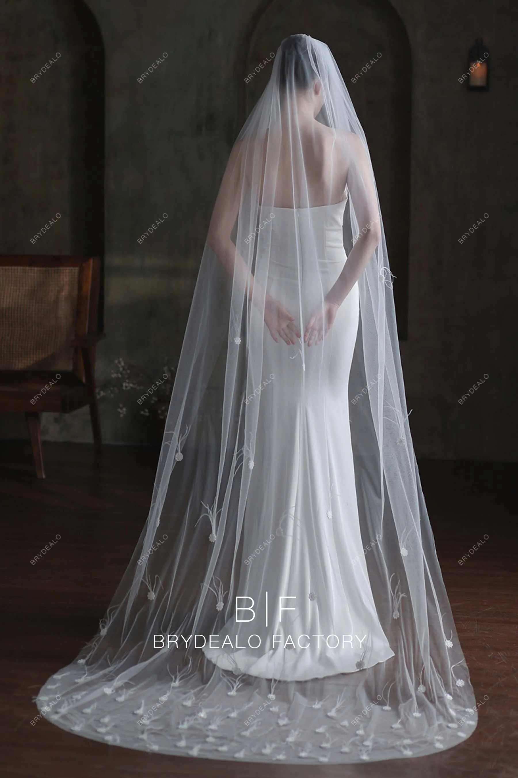 Ostrich Feathers Scattered Single Tier Chapel Length Wedding Veil