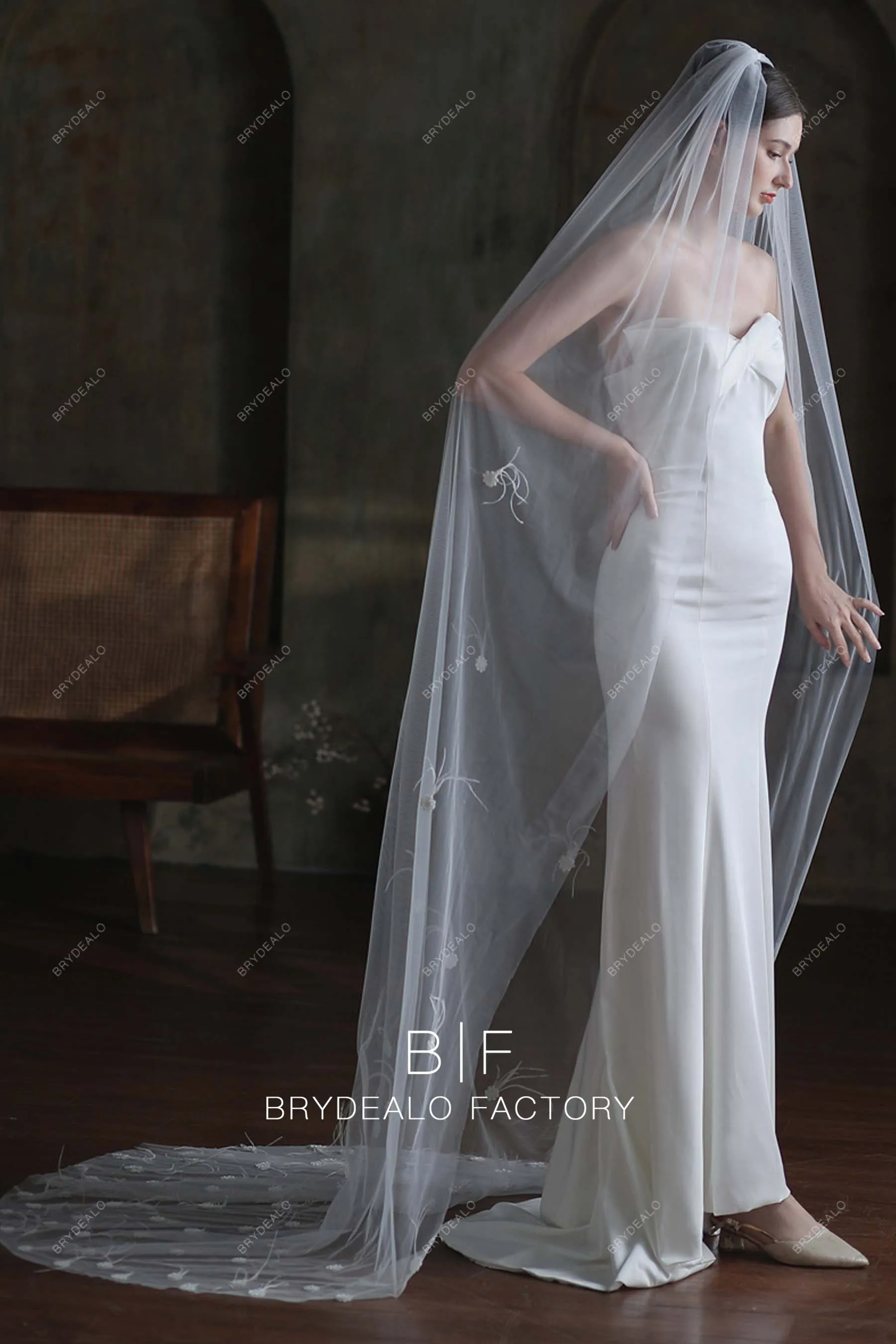 Ostrich Feathers Scattered Single Tier Chapel Length Wedding Veil