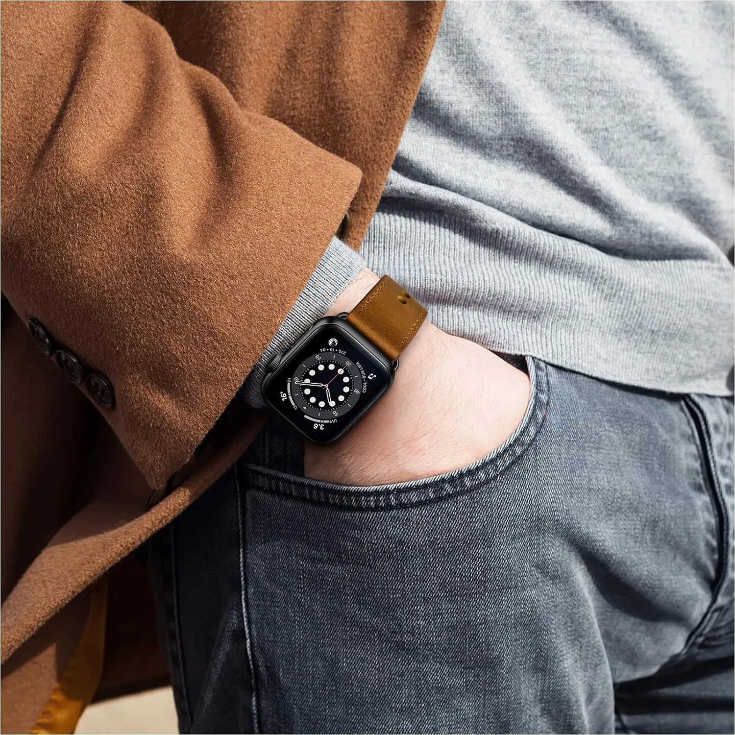 OUHENG Compatible with Apple Watch Band 42mm/41mm/40mm/38mm, Genuine Leather Bands Replacement Strap for iWatch SE2 SE Series 10 9 8 7 6 5 4 3 2 1 (Retro Brown/Black)